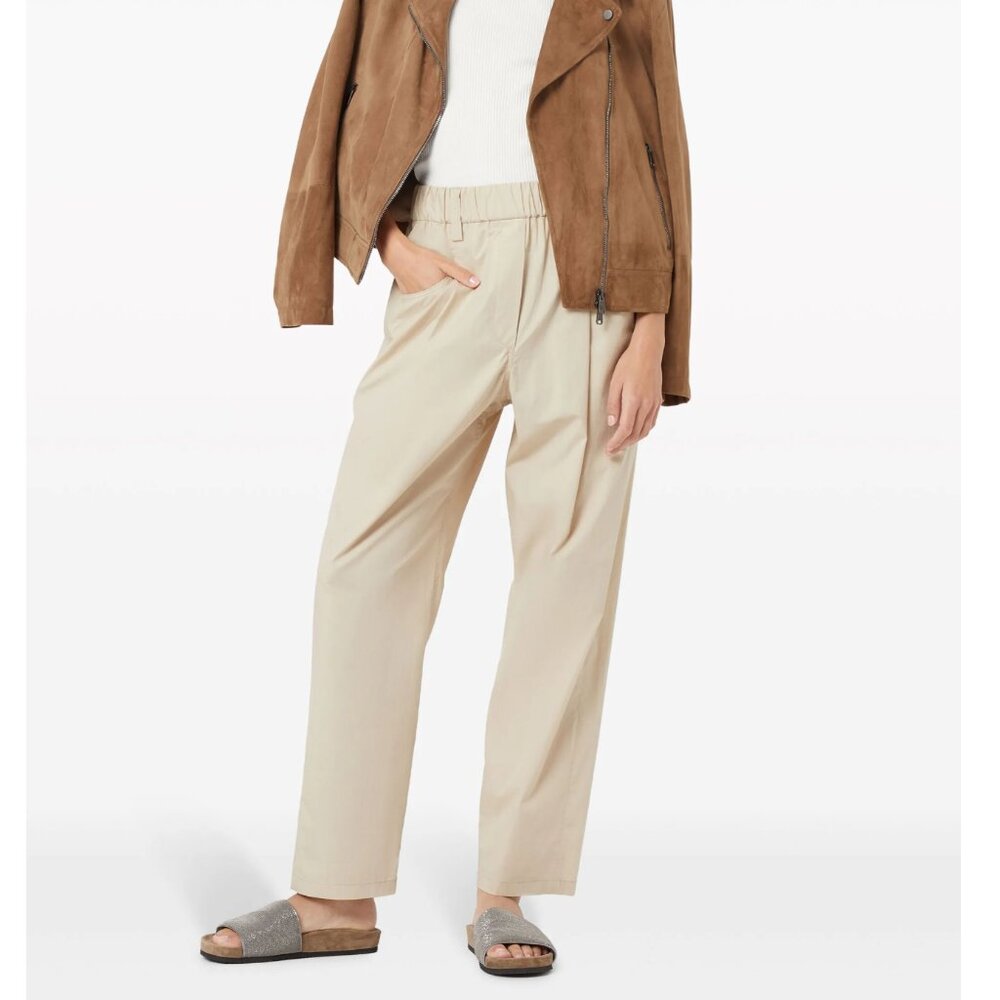 Brunello Cucinelli Monili Tab Pants Beige Cotton Lightweight Relaxed Fit Size 4